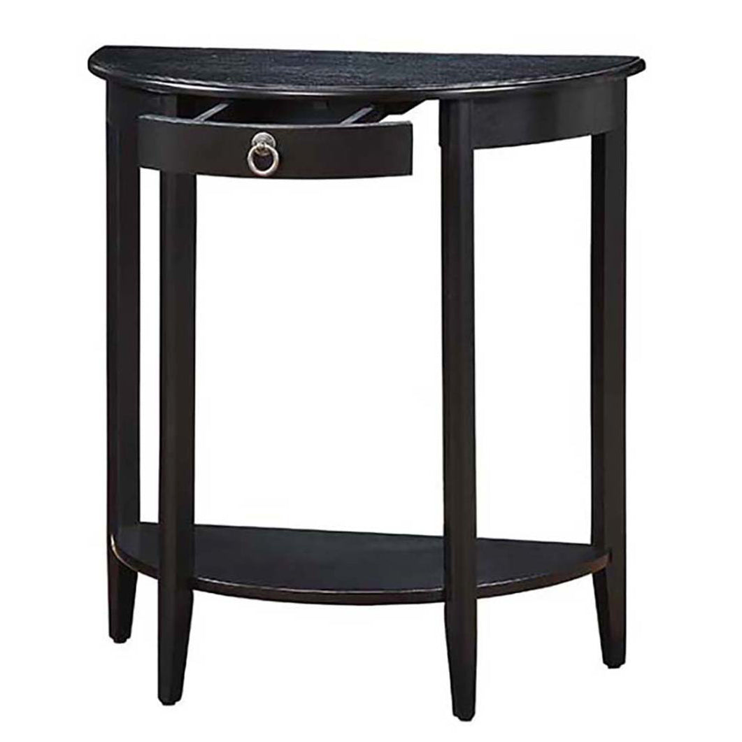 Black halfmoon console table with one drawer and ring pull