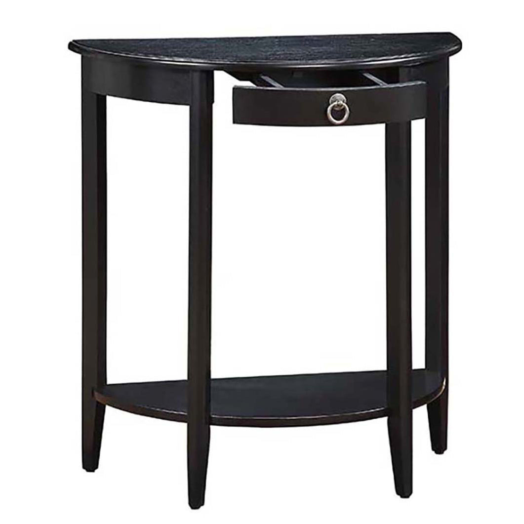Black wooden console table with a single drawer and metal ring pull