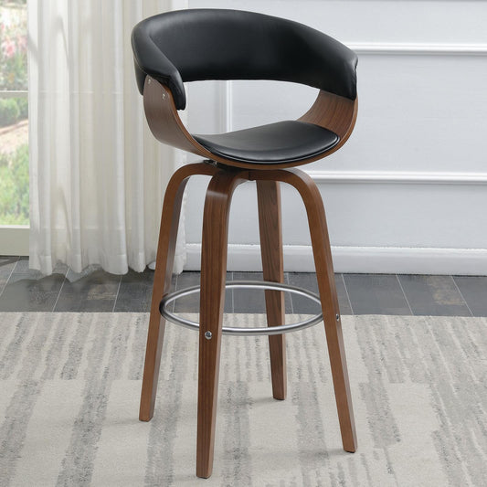 Black faux leather swivel bar stool with curved wood shell and walnut finish legs