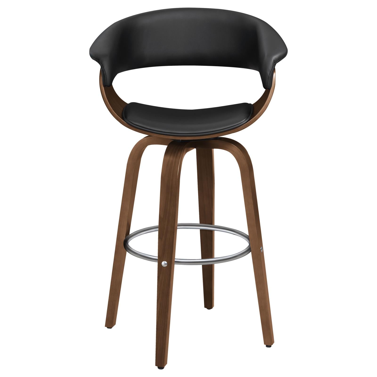 Modern black leather and walnut wood swivel bar stool with silver footrest