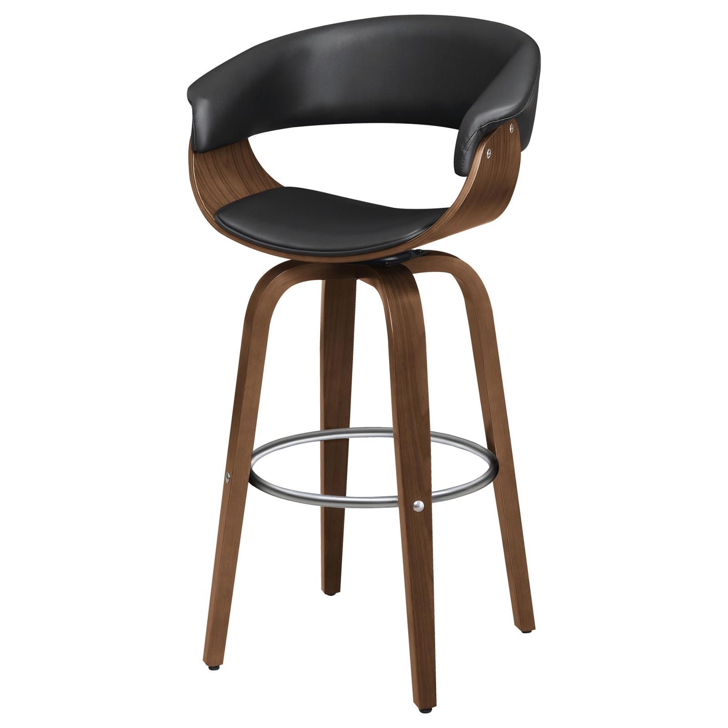 Black leather and walnut wood modern bar stool with curved back and metal footrest