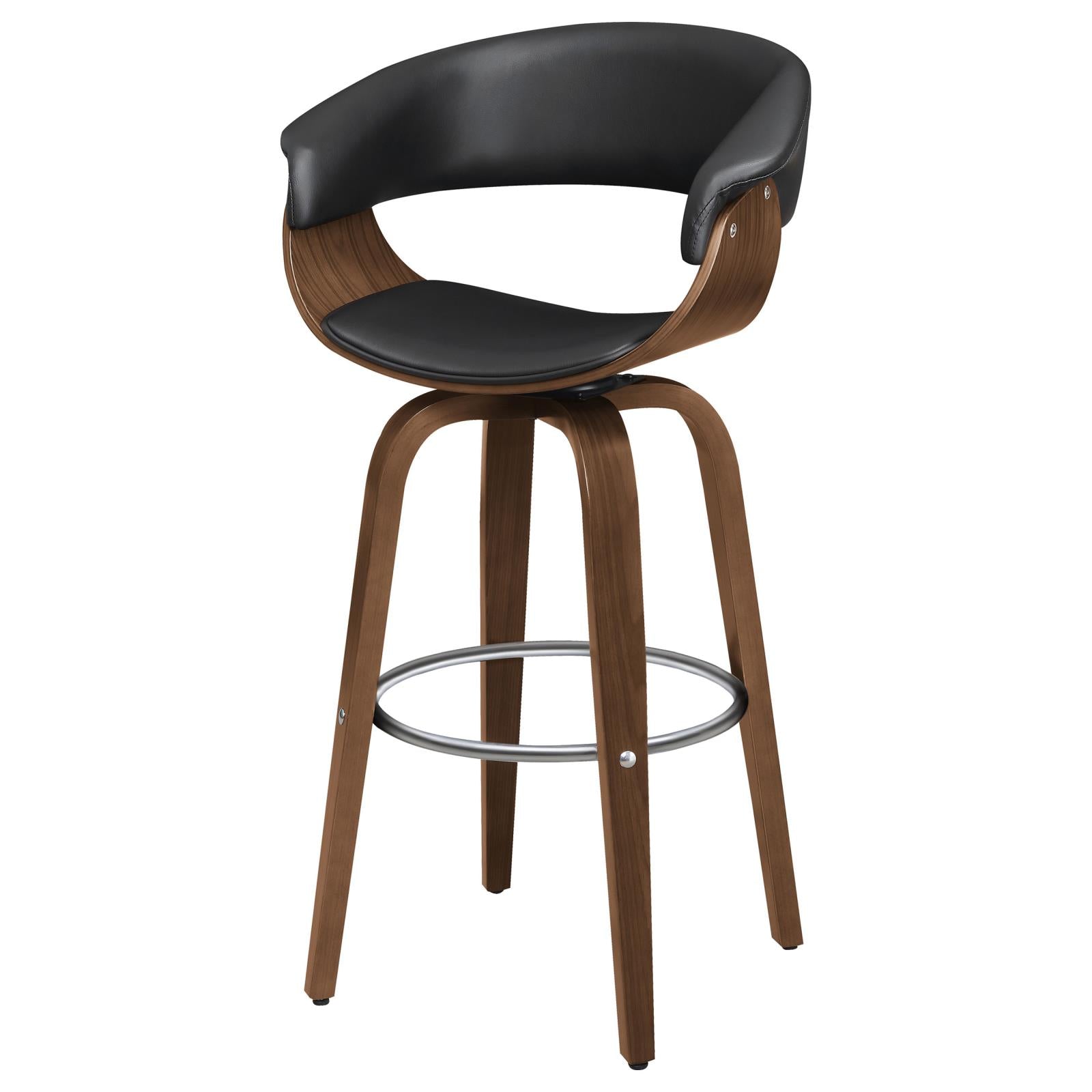 Black leather and walnut wood modern bar stool with curved back and metal footrest