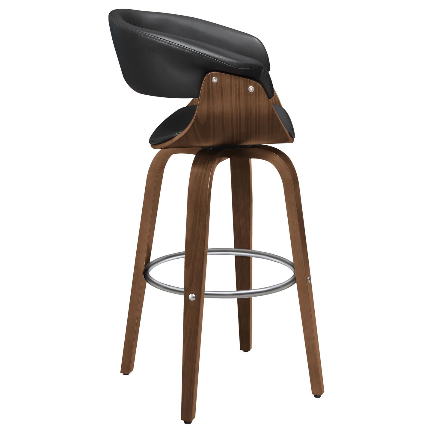 Black leather modern bar stool with walnut wood frame and chrome footrest