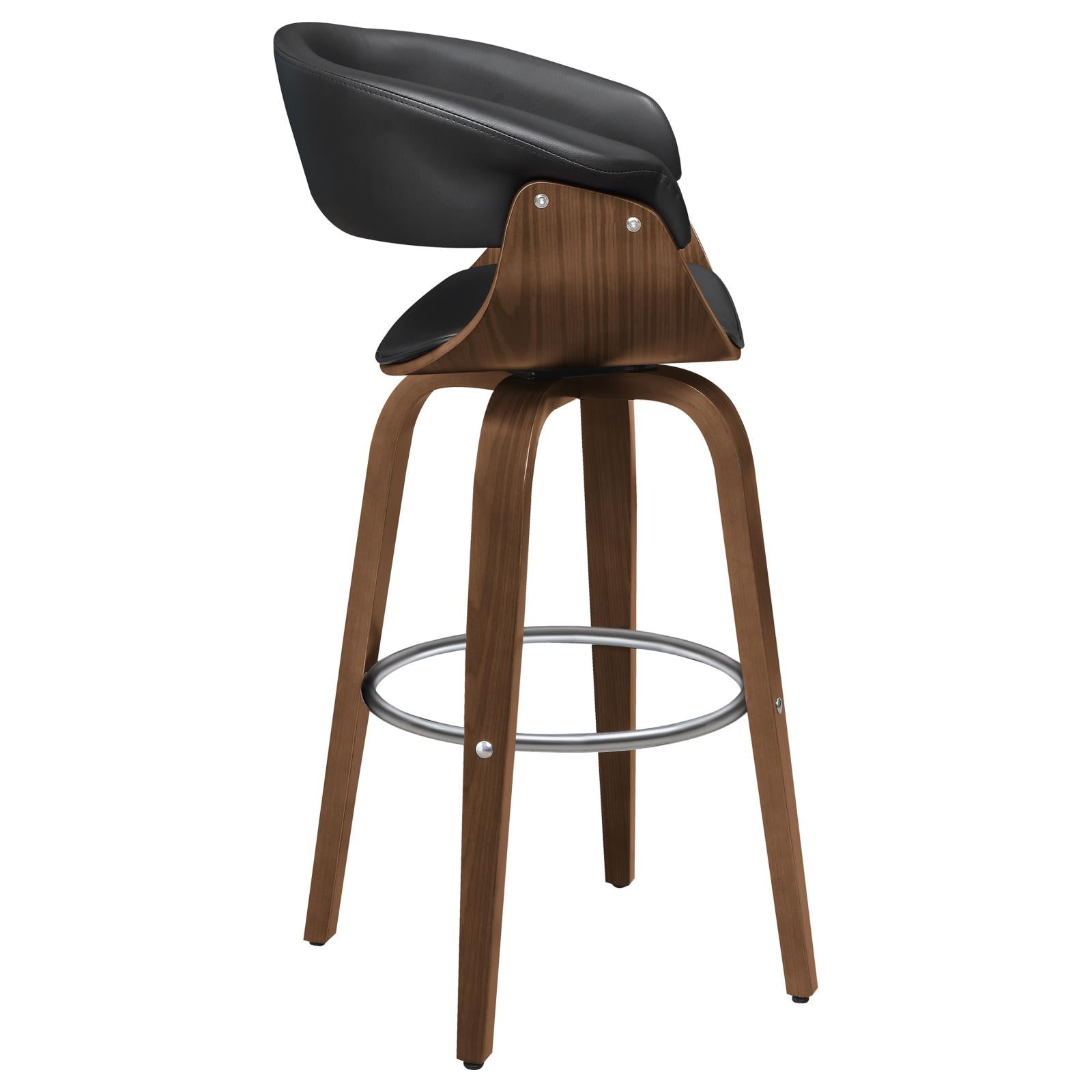 Black leather modern bar stool with walnut wood frame and chrome footrest