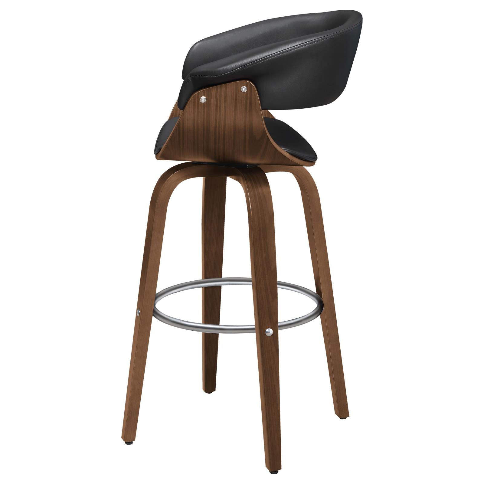 Black leather swivel bar stool with curved walnut wood base and chrome footrest