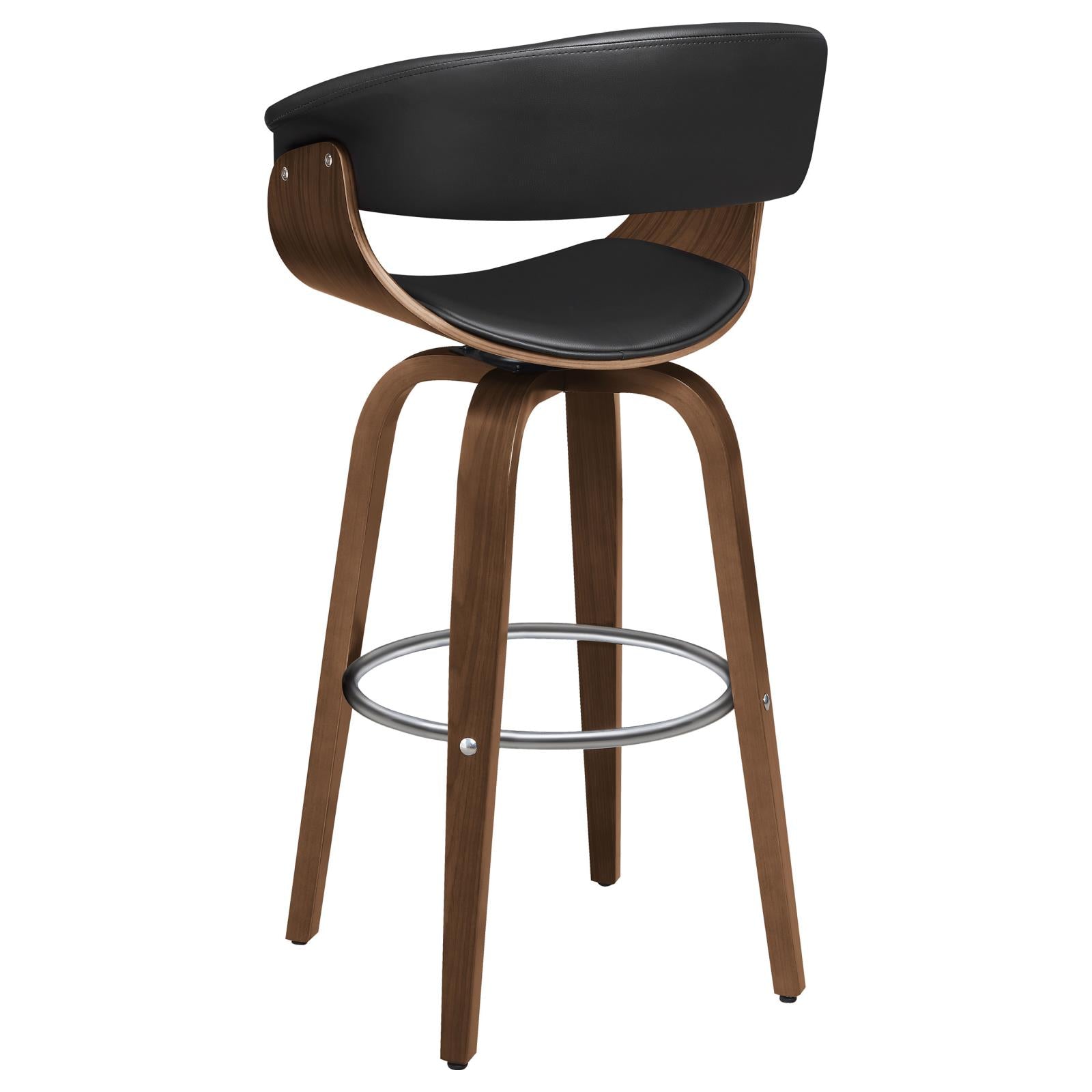 Modern black leather swivel bar stool with curved walnut wood shell and metal footrest