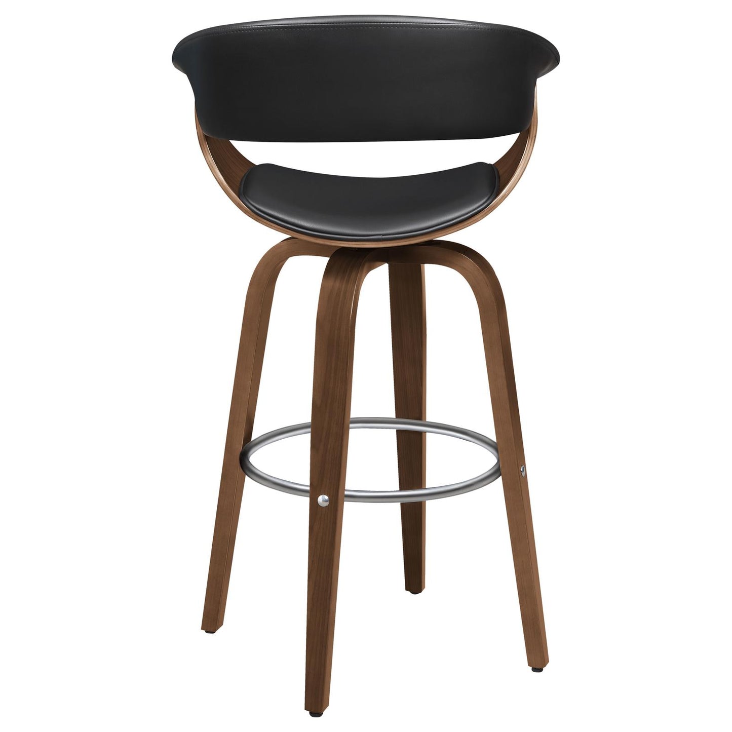 Black leather and walnut wood swivel bar stool with curved back