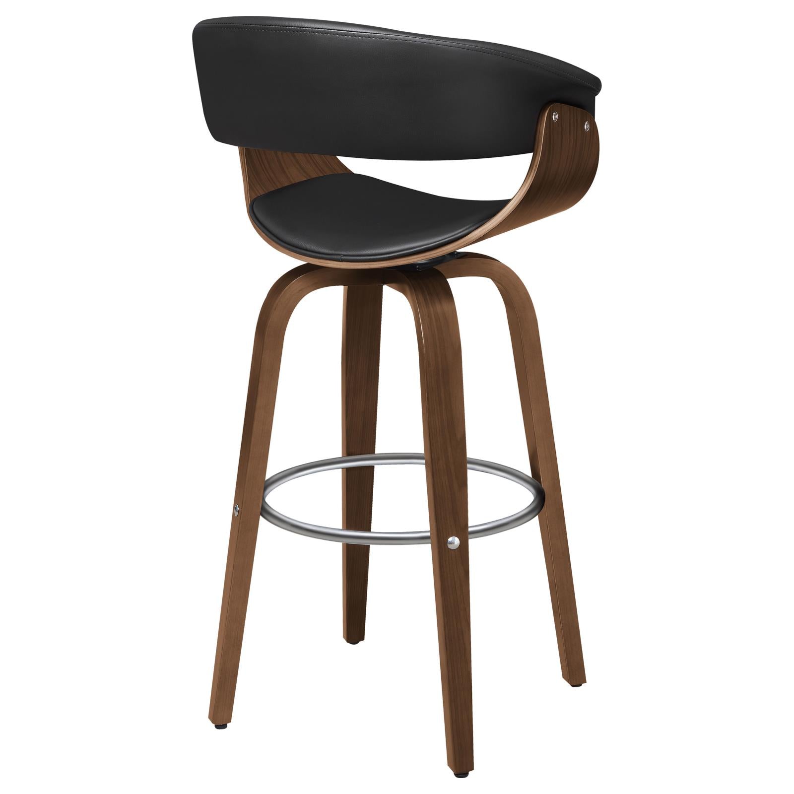 Black leather and walnut wood swivel bar stool with curved back and silver footrest