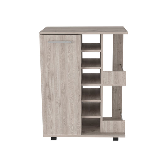 Light wood grain rolling cart with cabinet door and open shelves