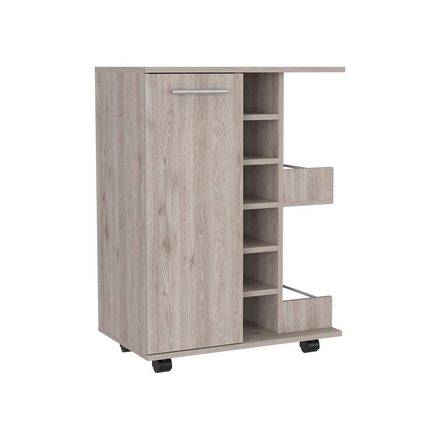 Rustic oak kitchen cart with pullout drawers and open shelves