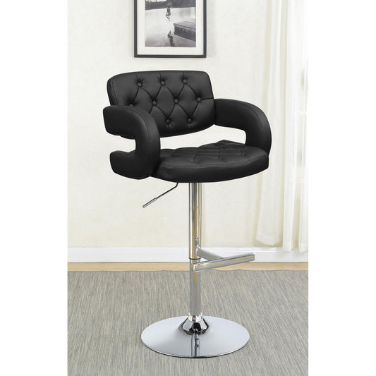 Tufted black leather bar stool with chrome base and adjustable height