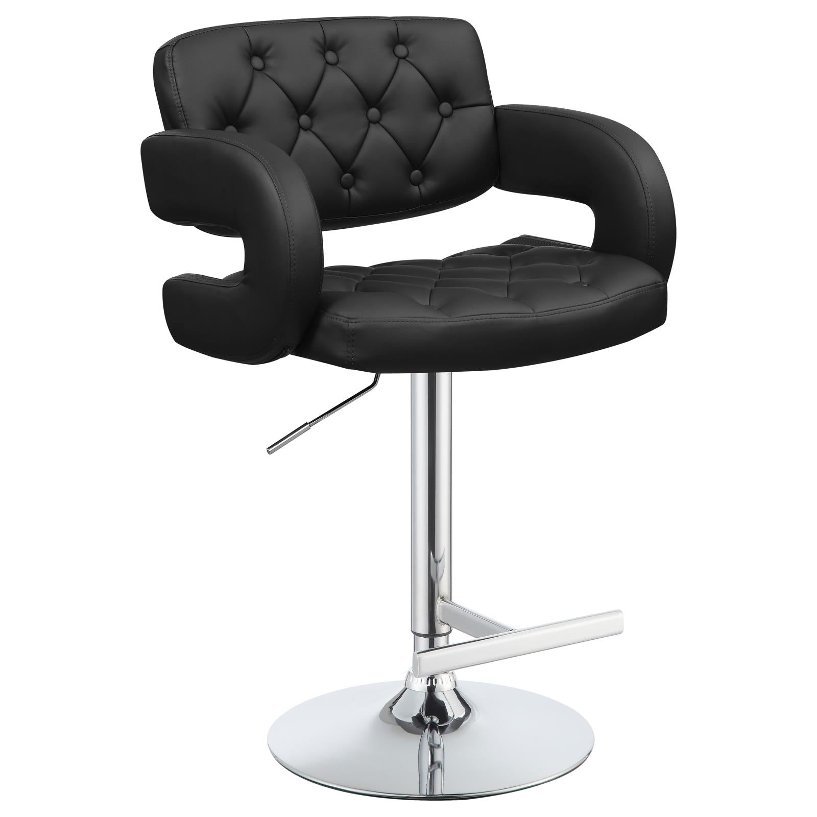 Black tufted leather bar stool with chrome base and adjustable height