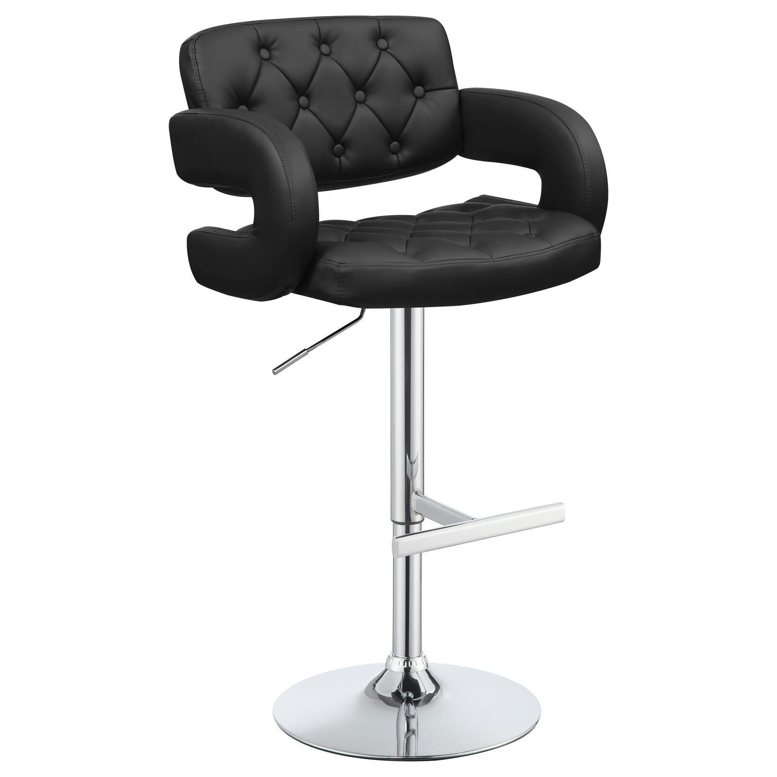 Black leather tufted bar stool with chrome base and adjustable height