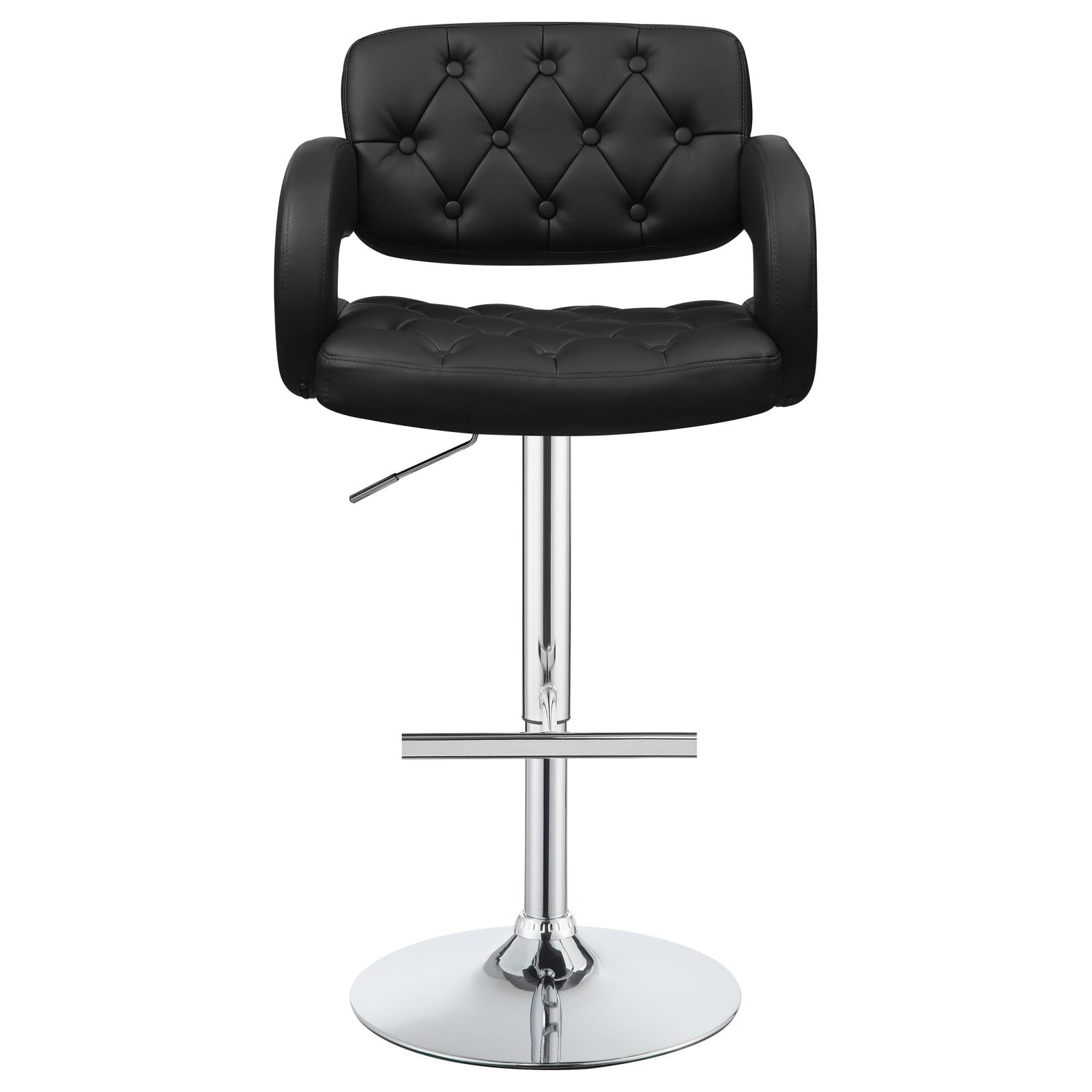 Black tufted leatherette bar stool with adjustable height and chrome base