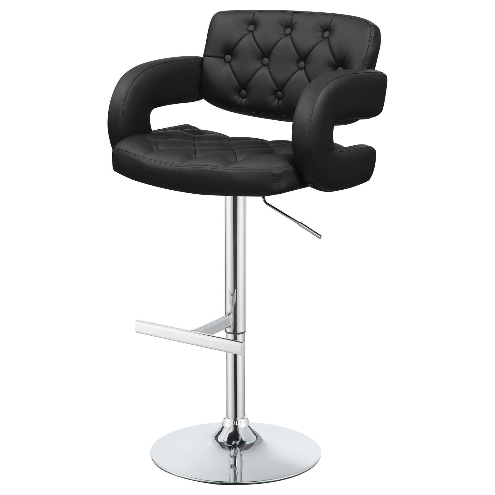 Black tufted PU leather bar stool with chrome base and adjustable height