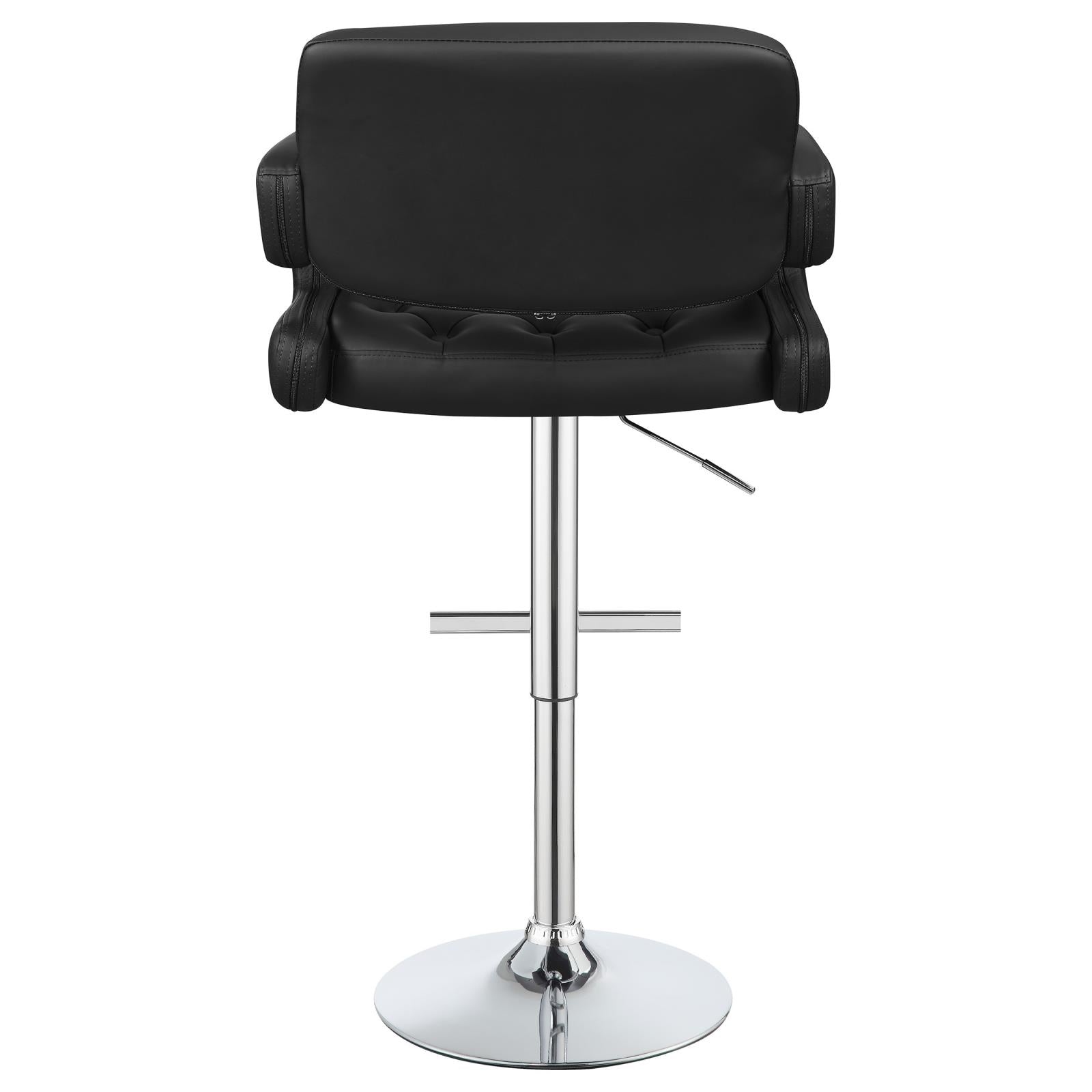 Black leather tufted bar stool with adjustable height and chrome base