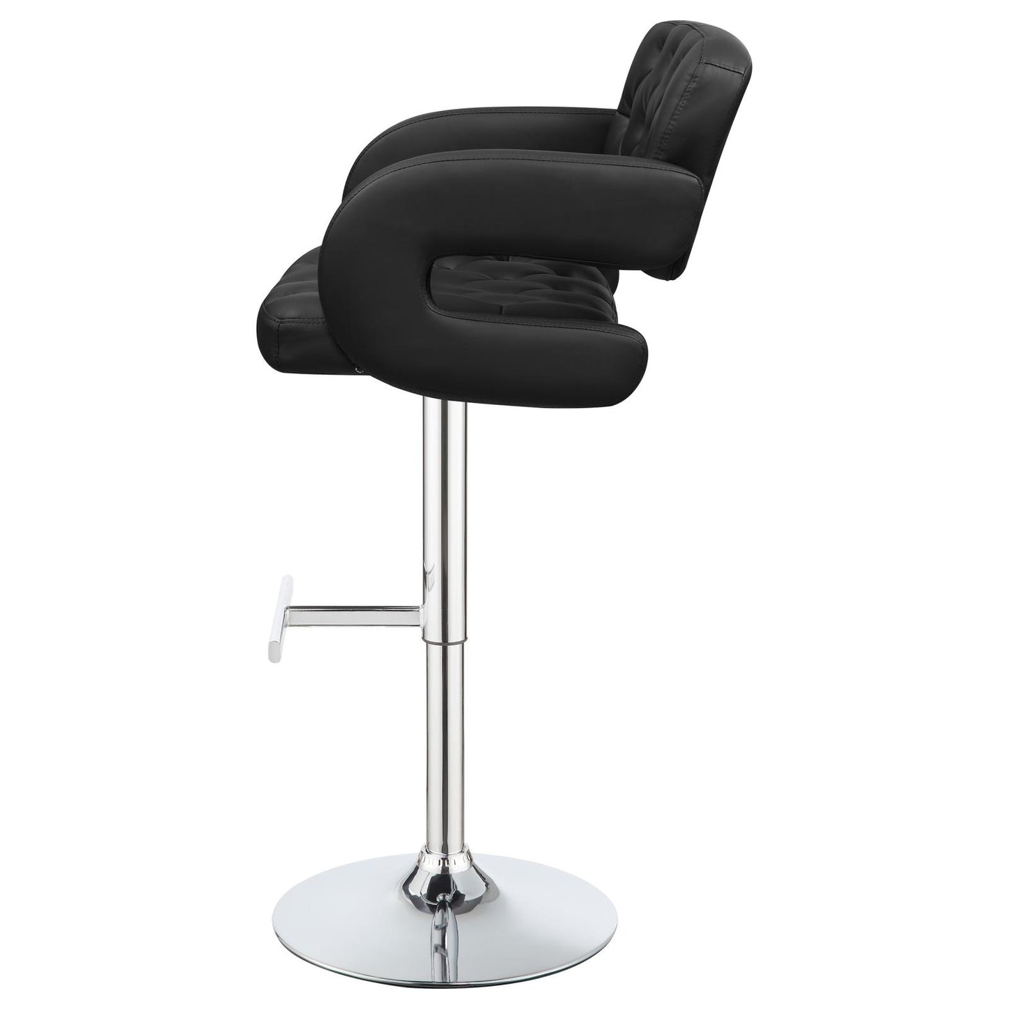 Black leather tufted bar stool with chrome base and armrests