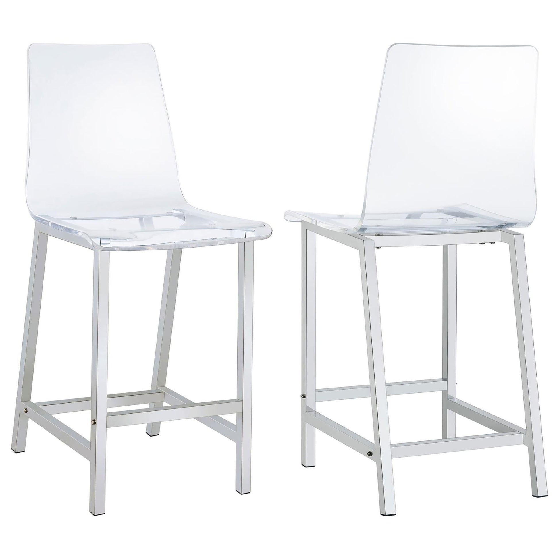 Two clear acrylic counter stools with chrome metal legs
