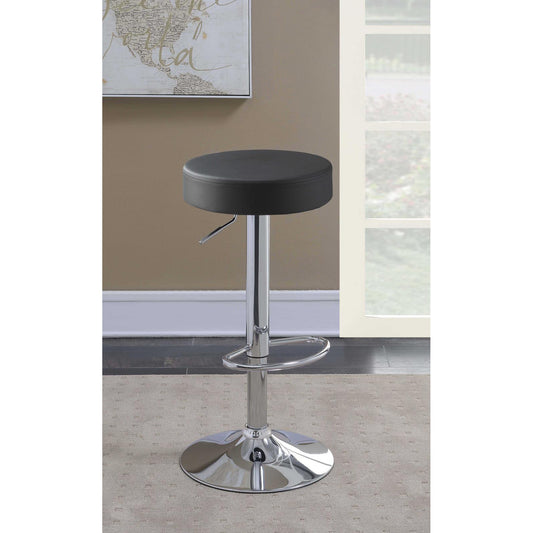 Black padded seat bar stool with chrome base and adjustable height