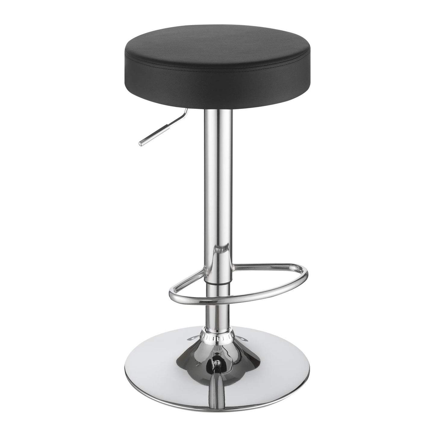 Black leatherette adjustable bar stool with chrome base and footrest