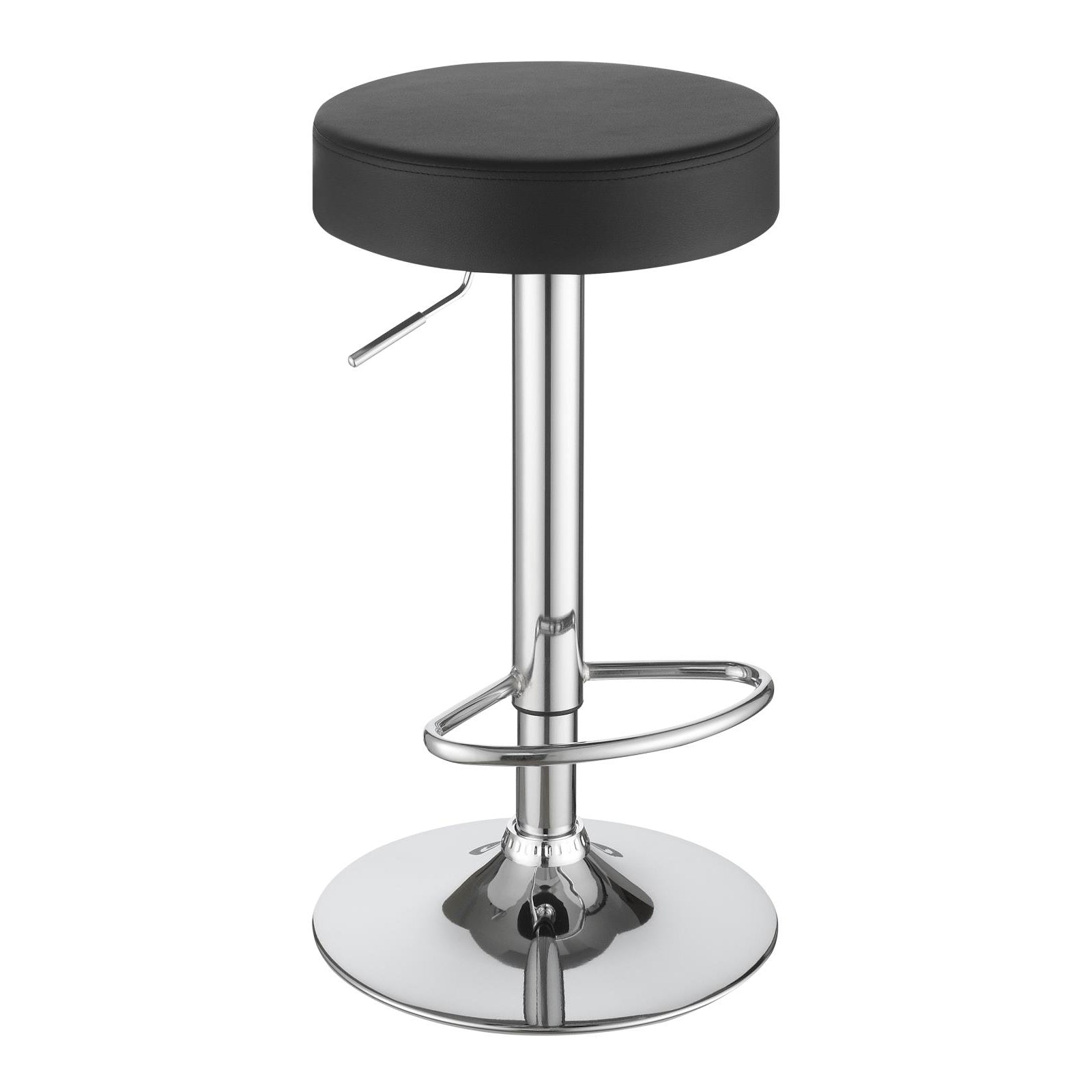 Black leatherette adjustable bar stool with chrome base and footrest