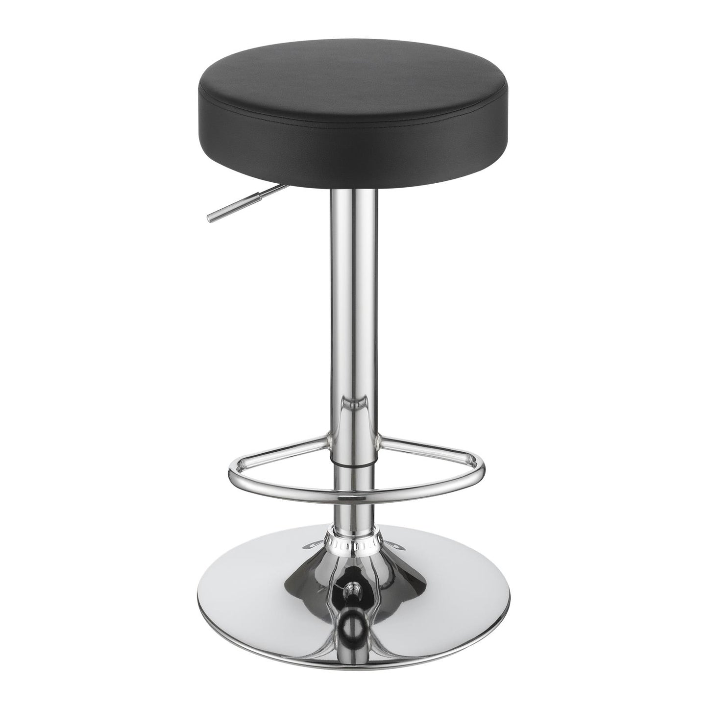 Black upholstered bar stool with adjustable height and chrome base