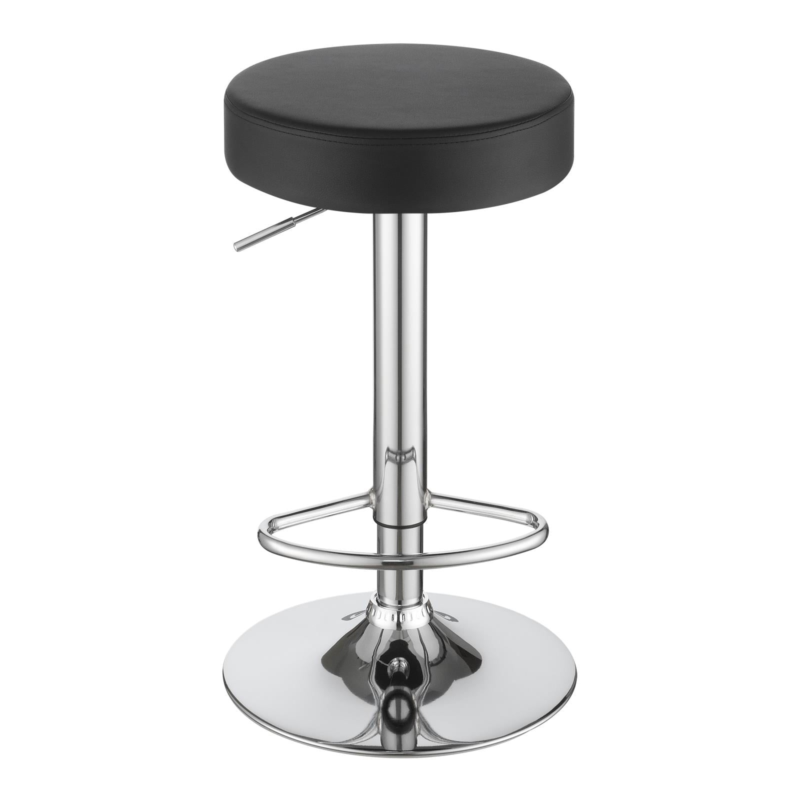 Black upholstered bar stool with adjustable height and chrome base