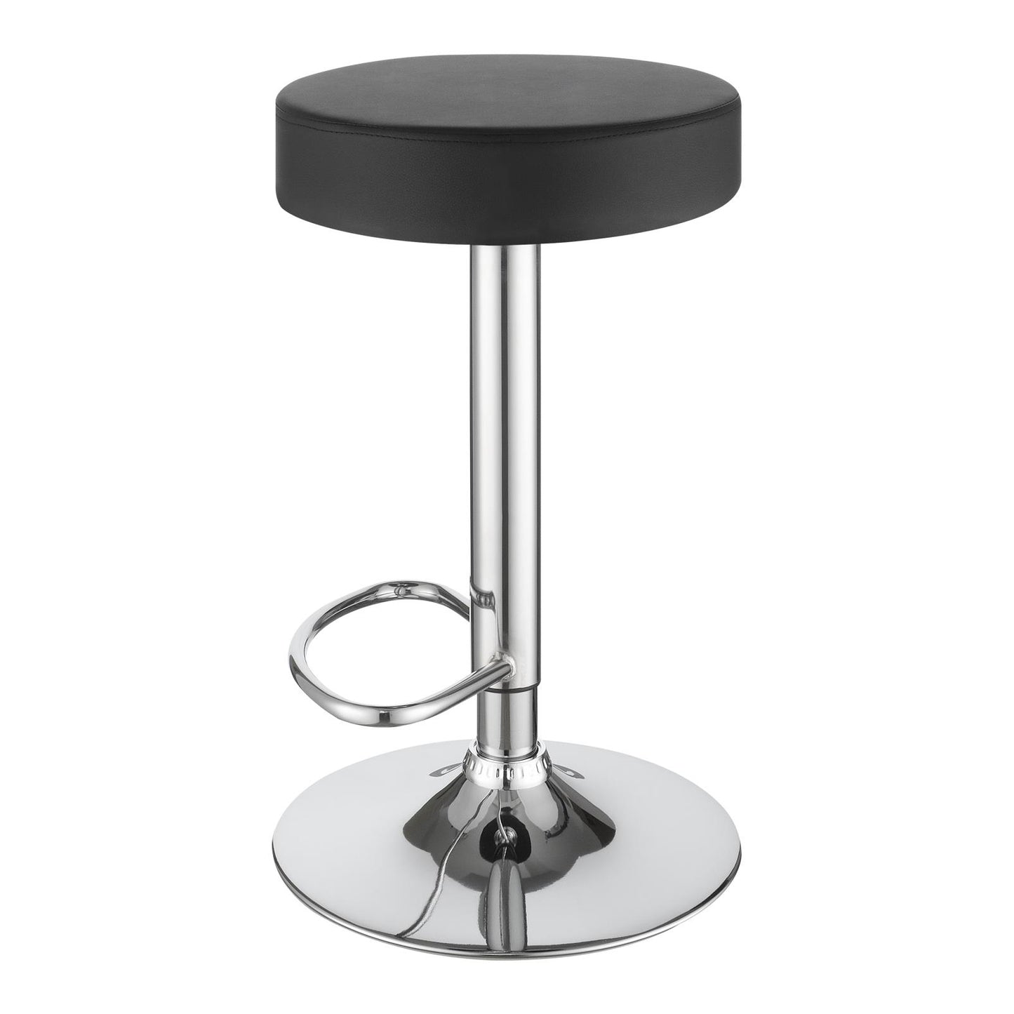 Black faux leather bar stool with adjustable chrome pedestal and footrest