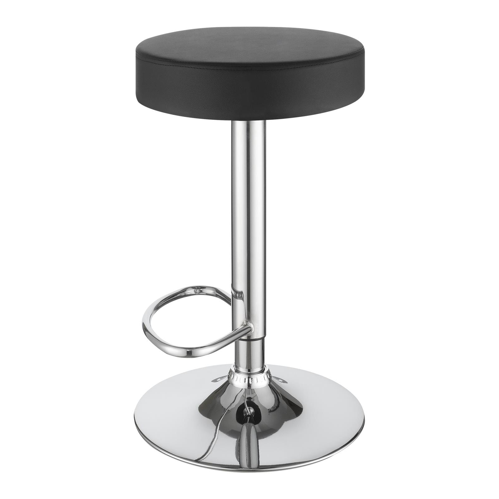 Black faux leather bar stool with adjustable chrome pedestal and footrest