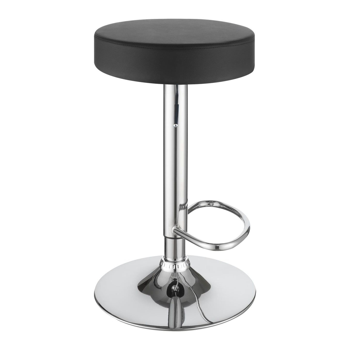 Black leatherette bar stool with adjustable height and chrome base