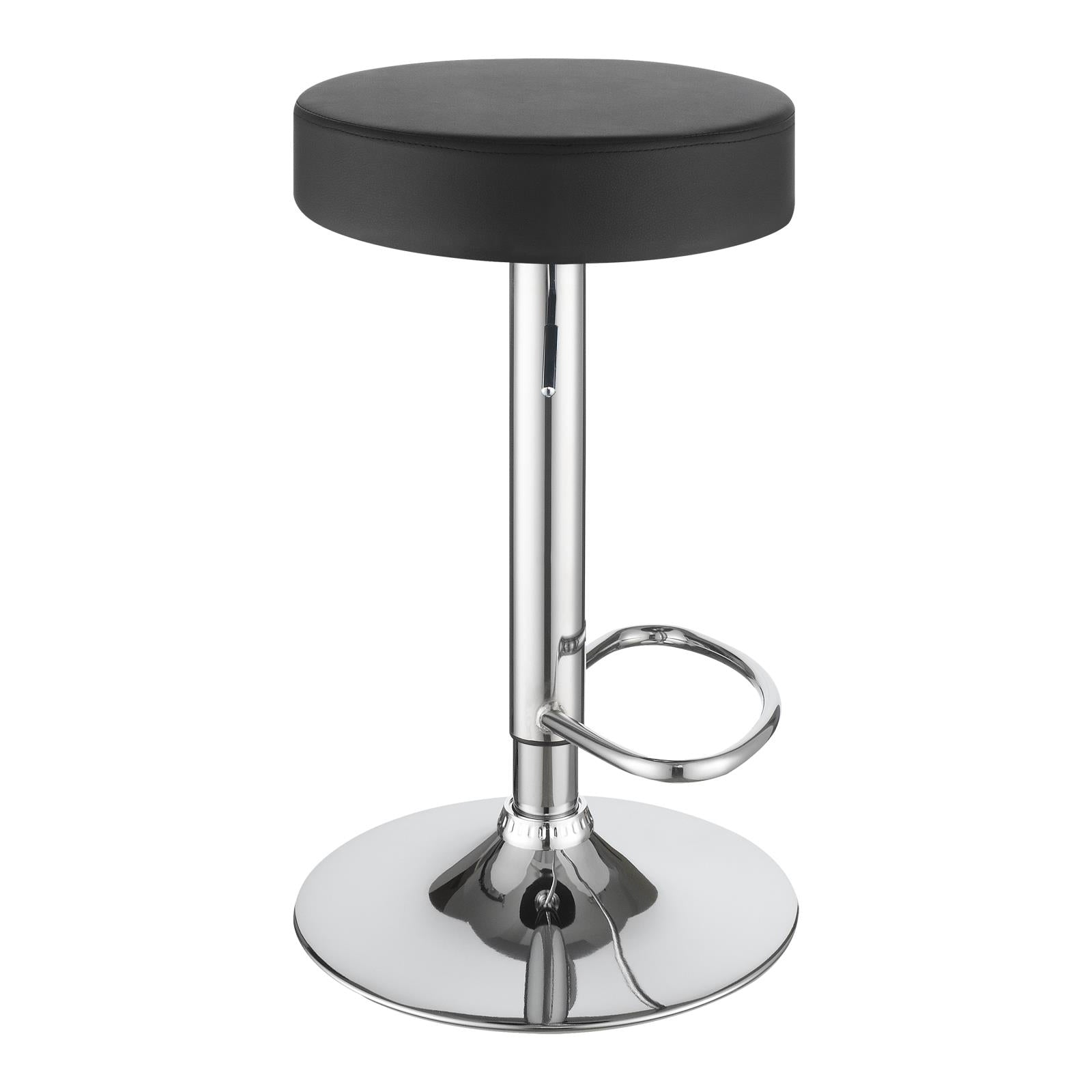 Black leatherette bar stool with adjustable height and chrome base