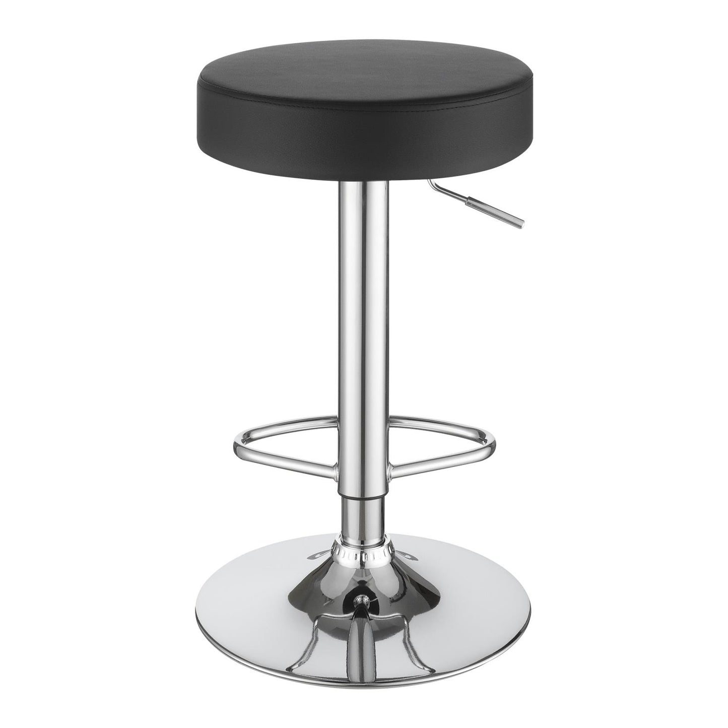 Black leather adjustable bar stool with chrome base and footrest