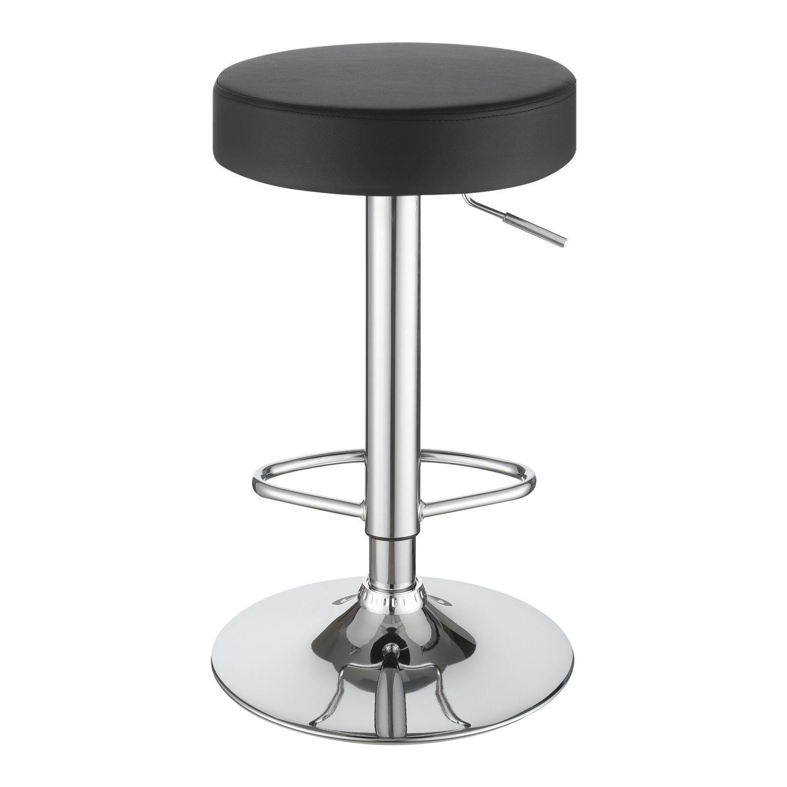 Black leather adjustable bar stool with chrome base and footrest