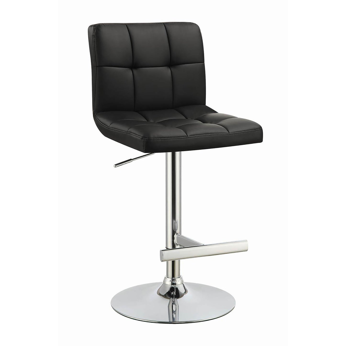 Black tufted faux leather bar stool with chrome base and footrest