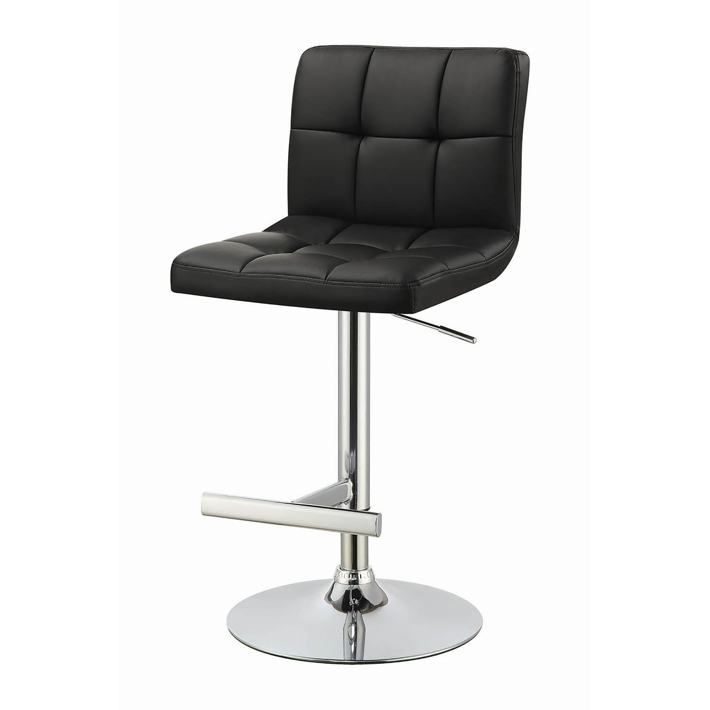 Tufted black leather bar stool with chrome base and adjustable height