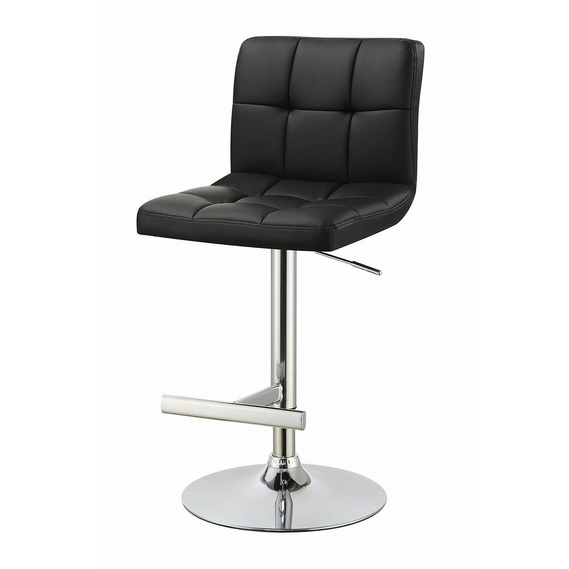Tufted black leather bar stool with chrome base and adjustable height