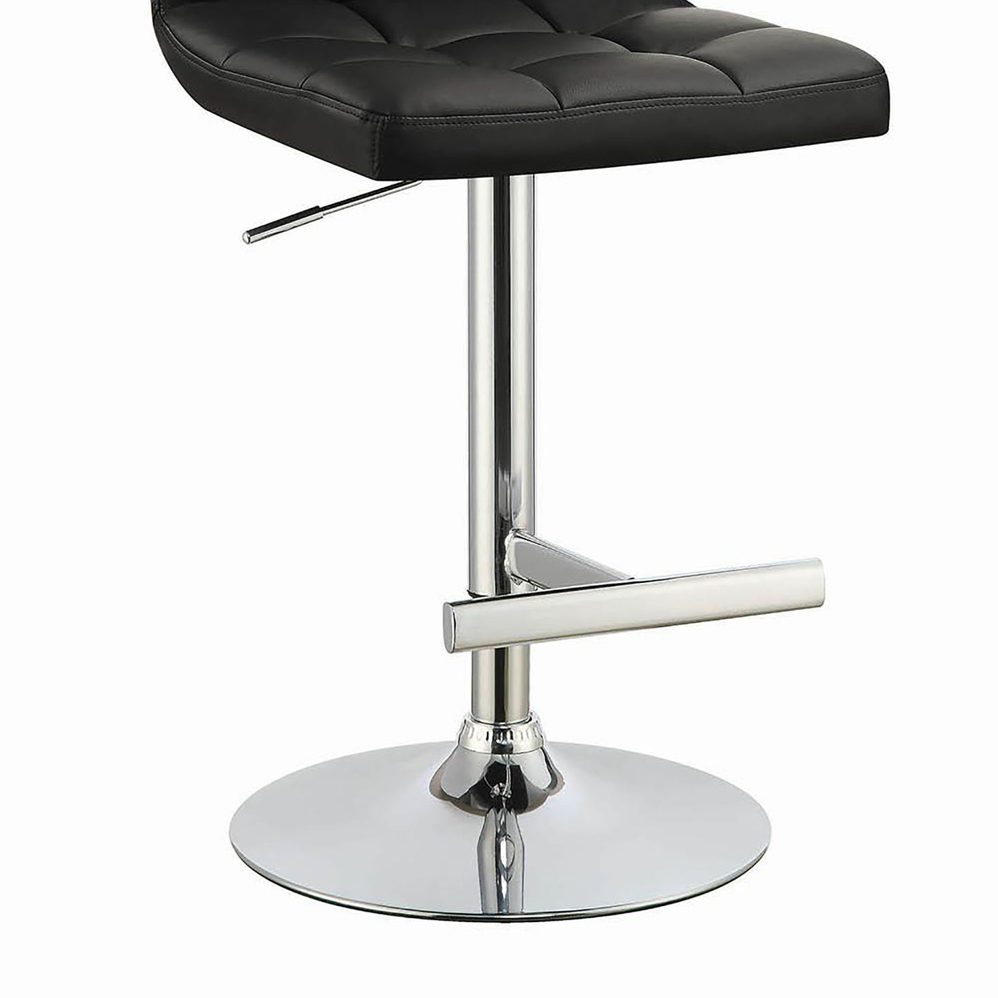 Black tufted leatherette bar stool with chrome adjustable base and footrest