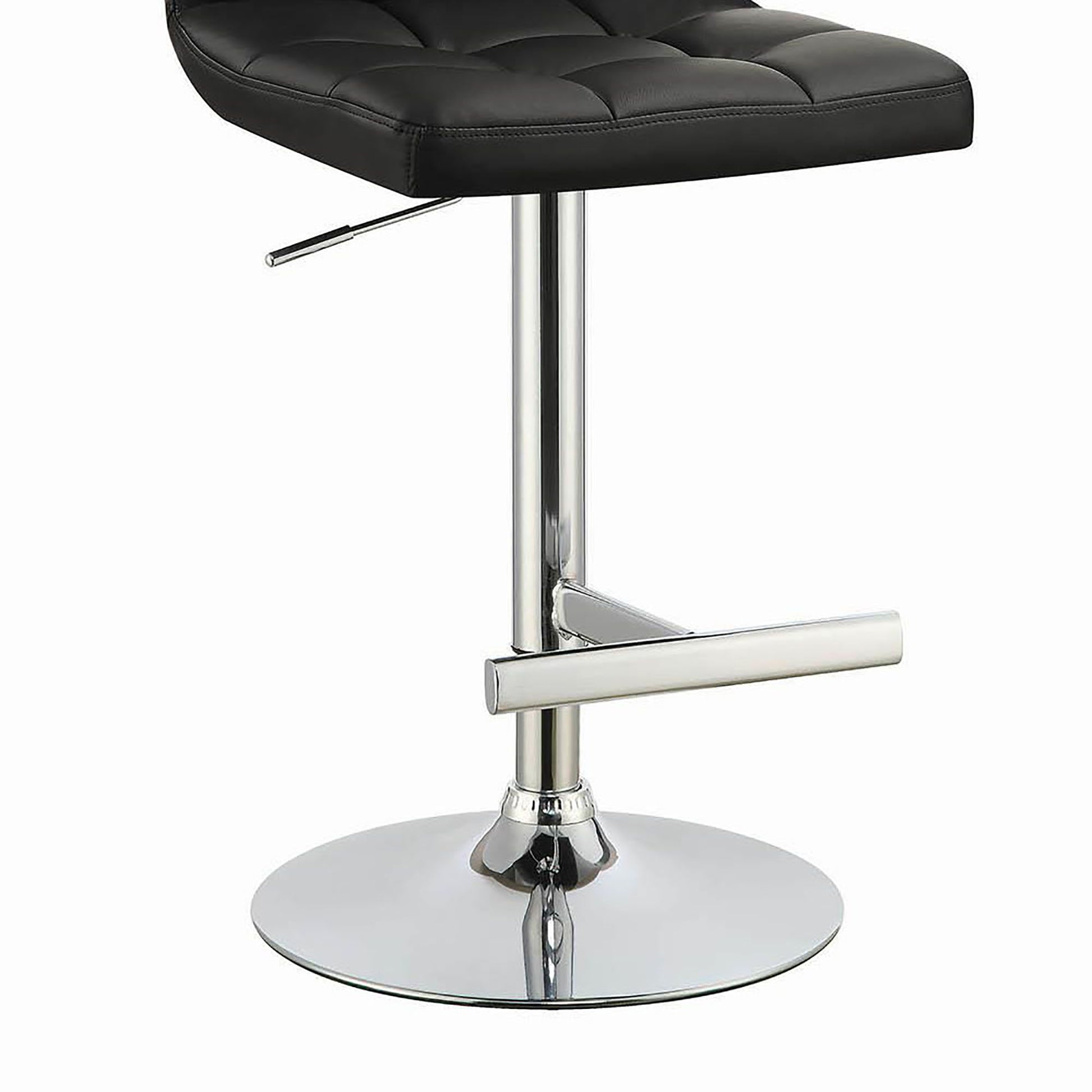 Black tufted leatherette bar stool with chrome adjustable base and footrest