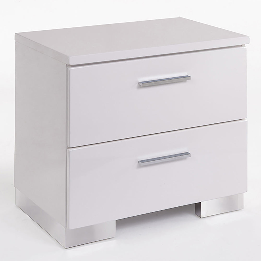 Sleek white bedside table with two drawers and silver handles