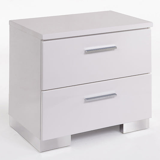 Sleek white bedside table with two drawers and silver handles