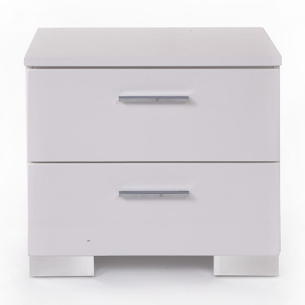 Modern white twodrawer nightstand with brushed nickel handles perfect for bedroom storage