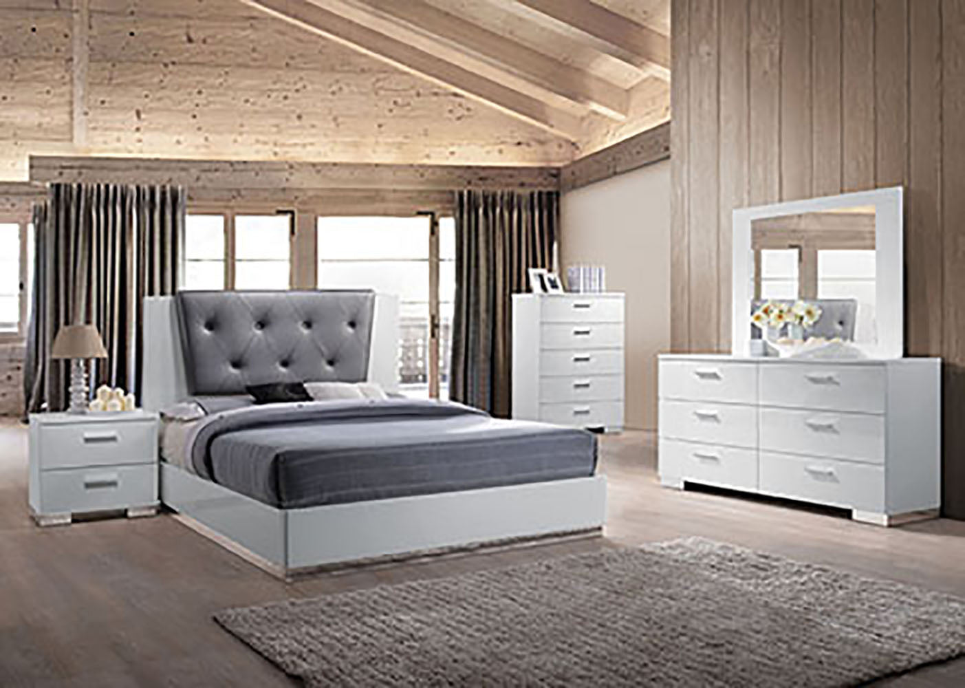 Modern white platform bed with grey tufted headboard and matching nightstand