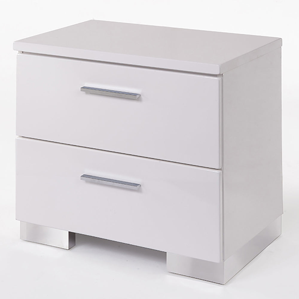 White modern nightstand with two drawers and silver handles