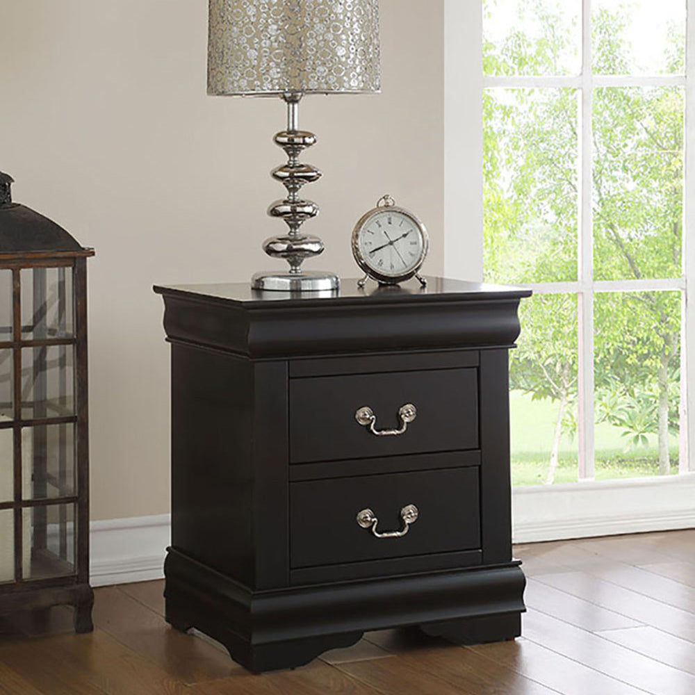 Classic black wooden nightstand with two drawers and ornate silver handles