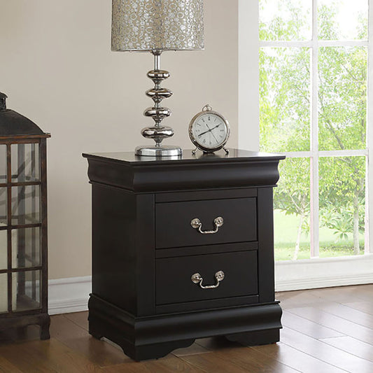 Classic black wooden nightstand with two drawers and ornate silver handles