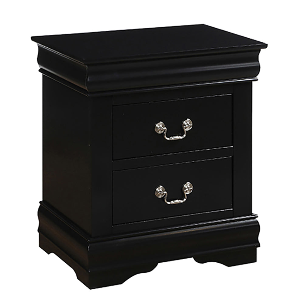 Classic black twodrawer nightstand with ornate silver pulls and molded trim