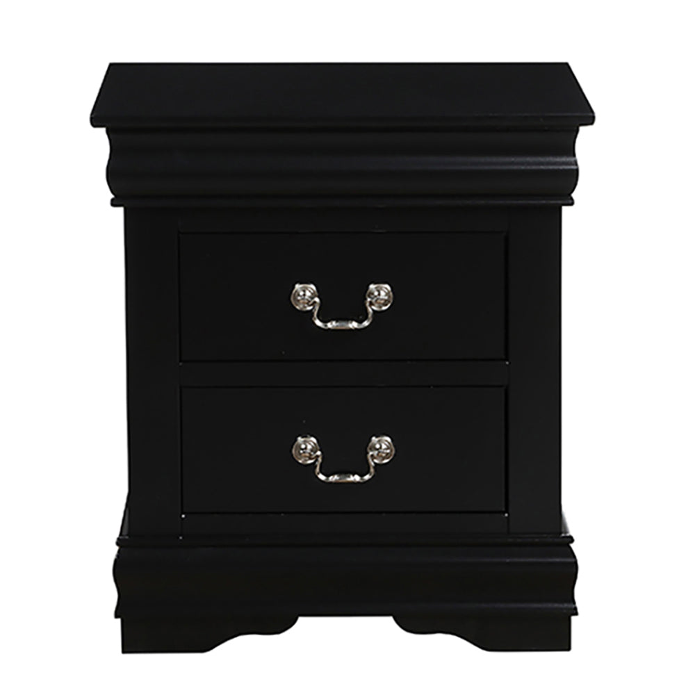 Black wooden nightstand with two ornate drawers and silver pull hardware