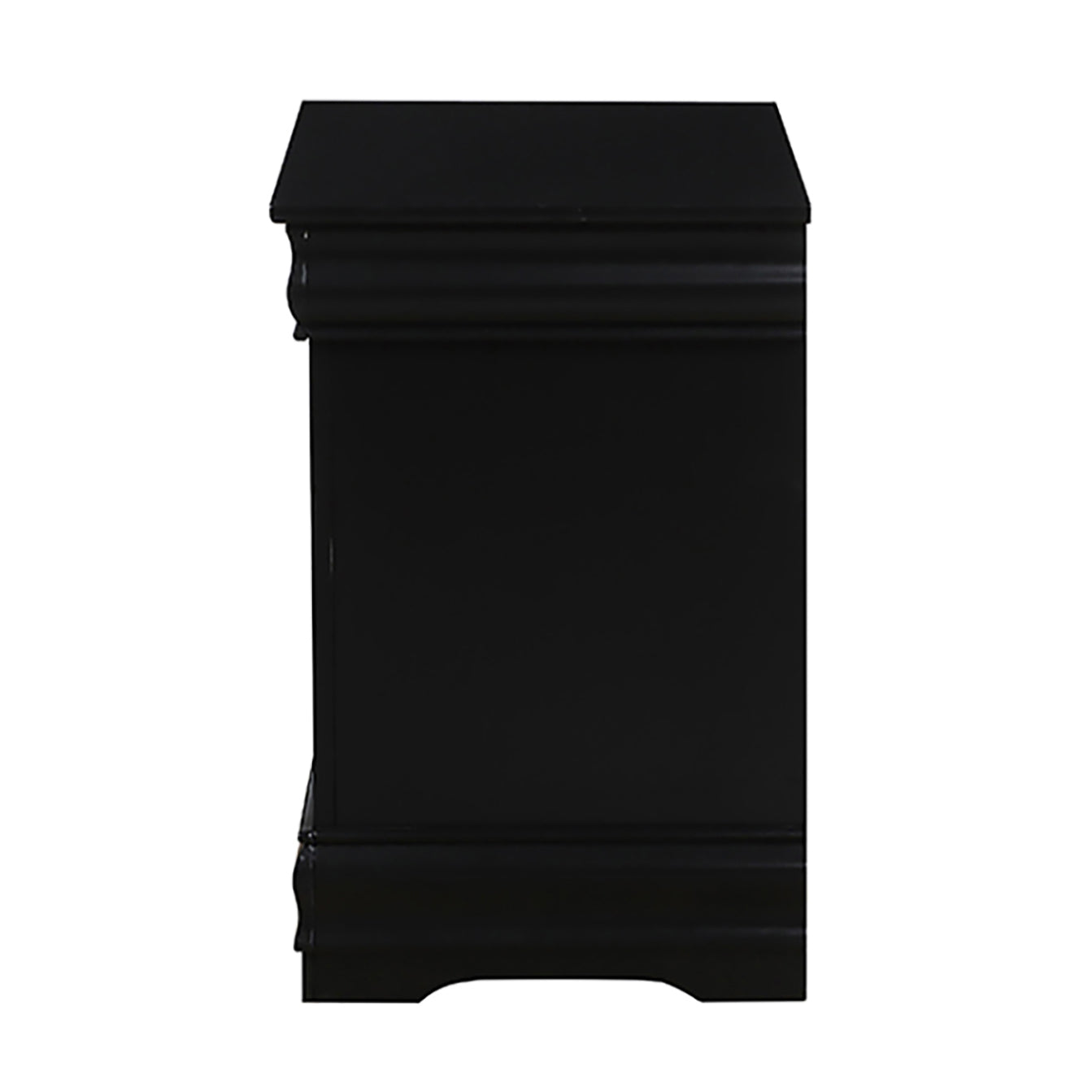 Black wooden nightstand with decorative molding and carved base