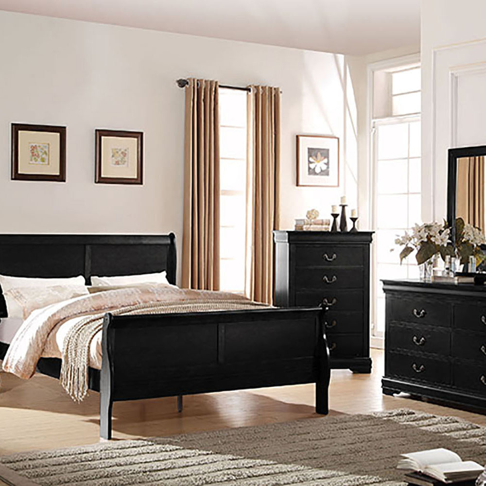 Black sleigh bed with linen sheets and textured throw blanket