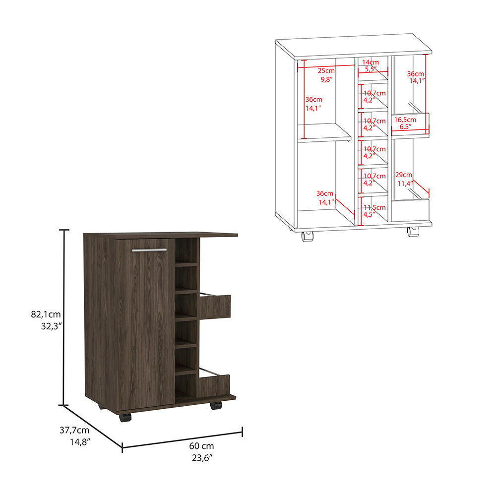 Dark brown rolling kitchen cart with pullout shelves and internal compartments